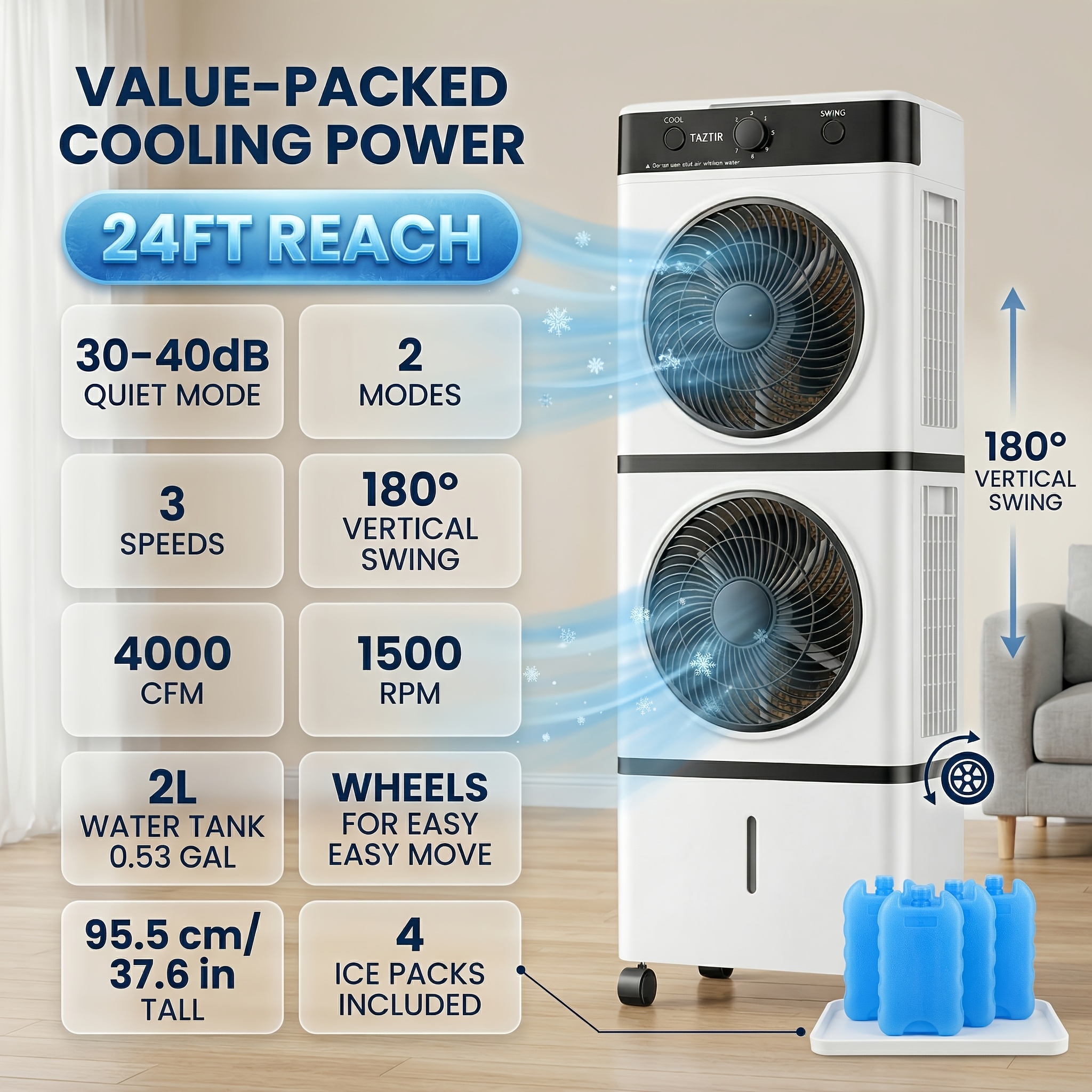 Portable Dual-Head Air Cooler Fan&comma; 24Ft Reac...