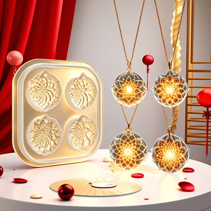 E-shop 4-fach Mandala Blumen Silikonharzform, Hängende Ornament Epoxidharz Gießform für Schlüsselanhänger, Auto Frischhaltefach, Perlen, Seife, Kerze,