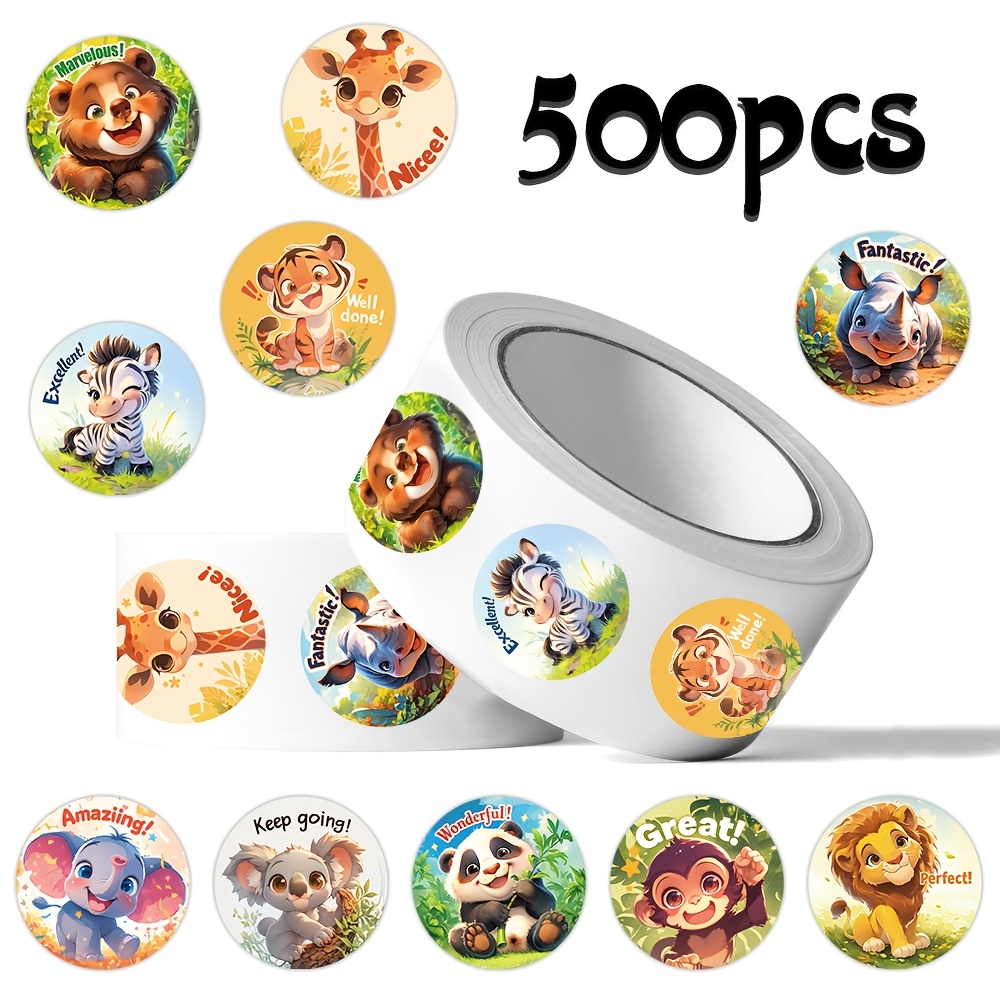 TEMU 500 stuks schattige jungle wilde dieren aanmoedigingscitaten ronde rolstickers - Bruine beer, , Tijger, Zebra, Neushoorn, Olifant, Koala, Panda,