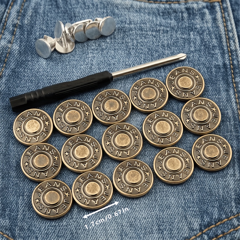 TEMU 31pcs, Including 15pcs Buttons, 15pcs Screws And 1pc Screwdriver, Adjustable Seamless Metal Button Jeans Set, Jeans Belt Tightening Clothing