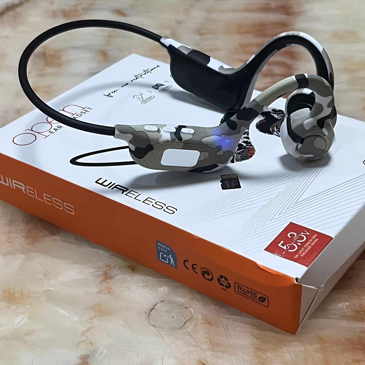 item picture wireless bone conduction headphones sweatproof earphones suitable for sports running gym hiking cycling 2025   open fit wireless headphones with microphone tf card   display