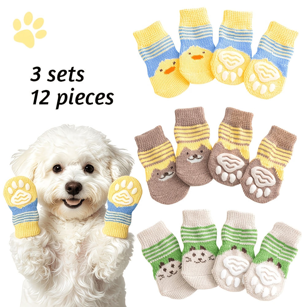 TEMU 12pcs Cute Cartoon Pattern Non-slip Comfortable Soft Knit Dog Socks, Preventing Licking Paws, Suitable For Indoor And Outdoor Protection For