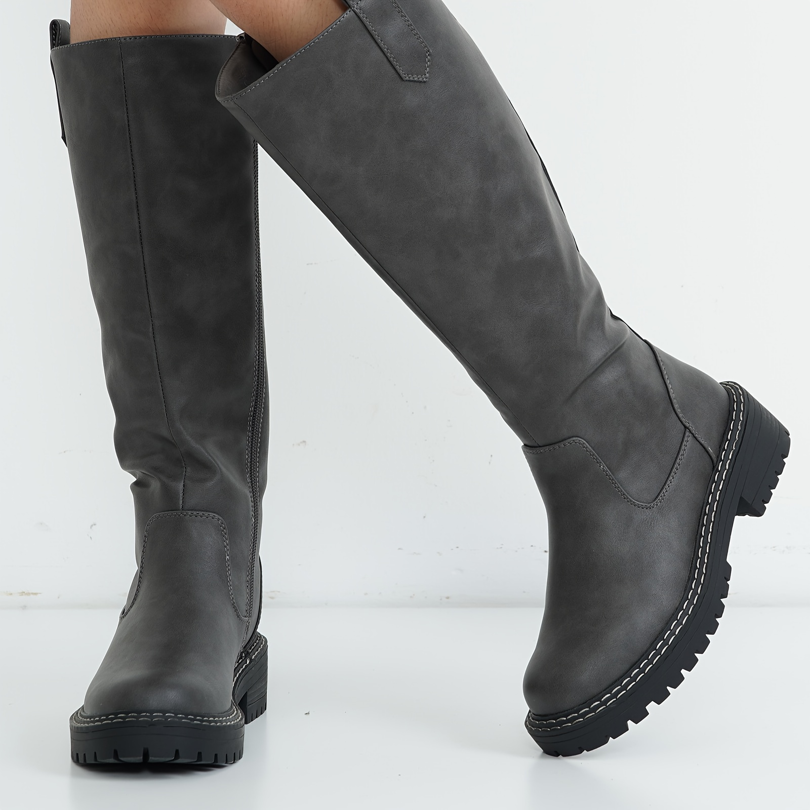 womens chunky low heel knee high boots side zipper vegan - Temu