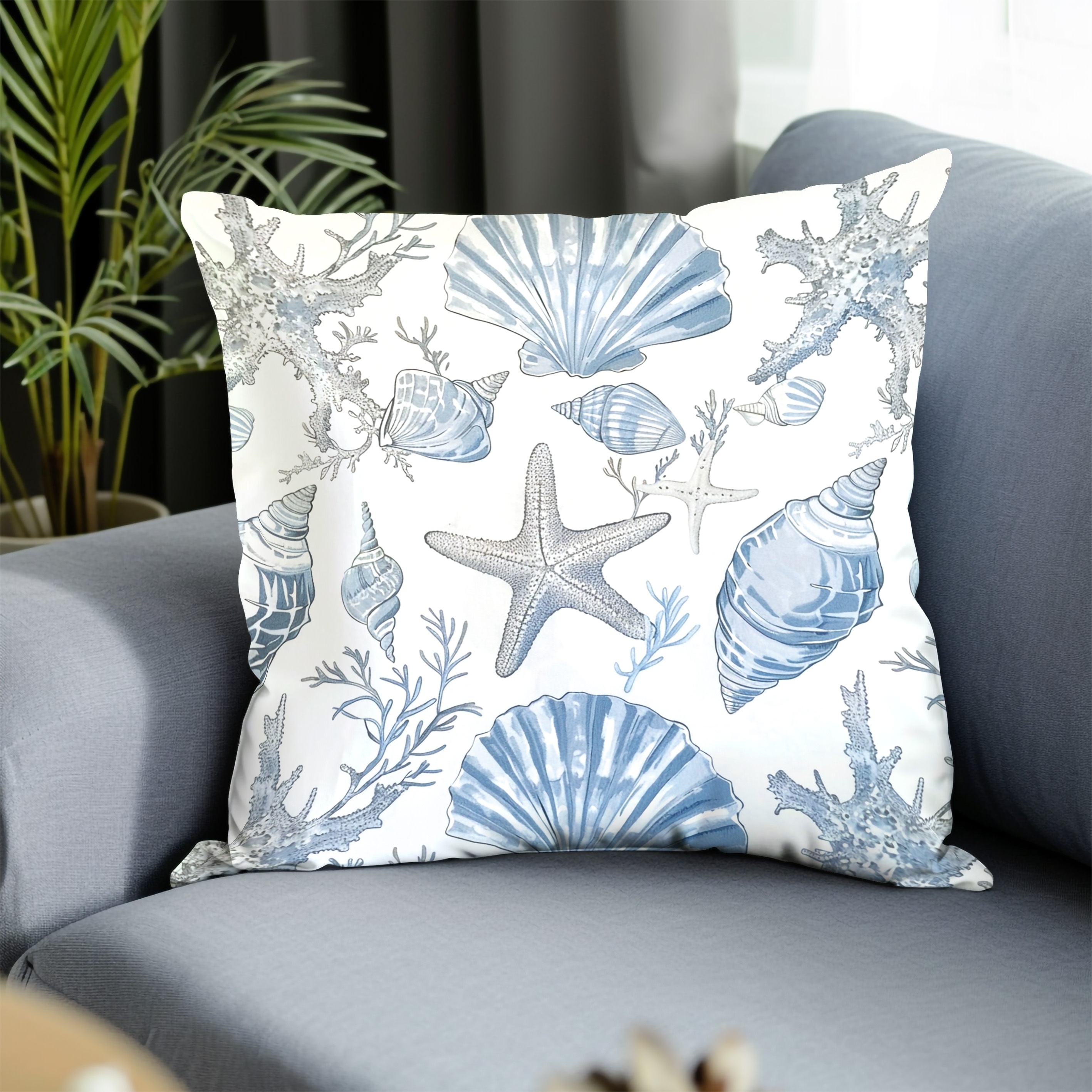 

1pc, Starfish, Shells, Sea Creatures, Conch, Coral, Pillow Cover, Pillowcase, Home Decoration, Holiday Decorations, Suitable For Sofas, Beds, Cars 18x18 Inch Without Pillow Core