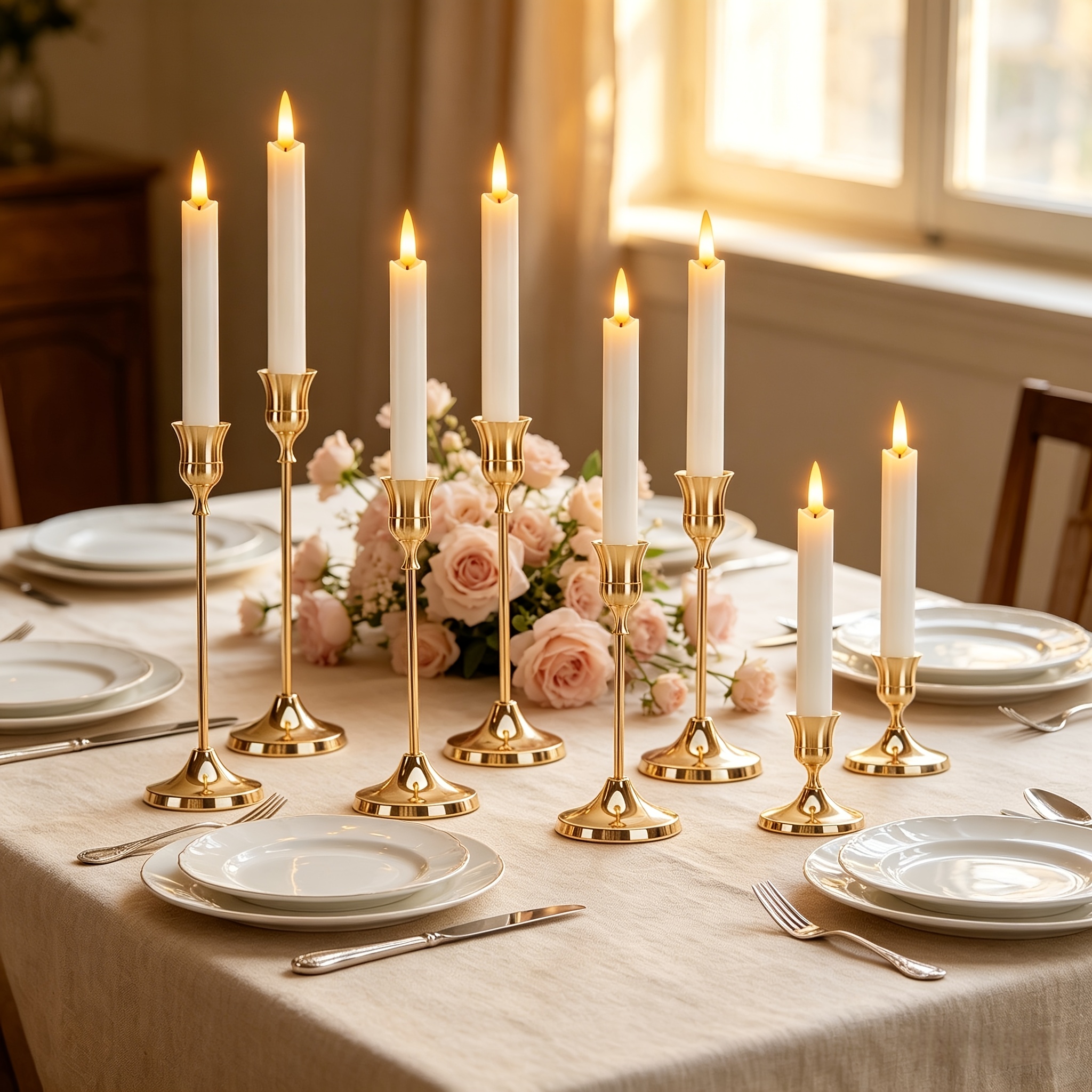 TEMU 8pcs Vintage Gilded Single-head Tiered Candle Holder Set, Wedding Table Centerpiece, European-style Restaurant Romantic Atmosphere Decoration,