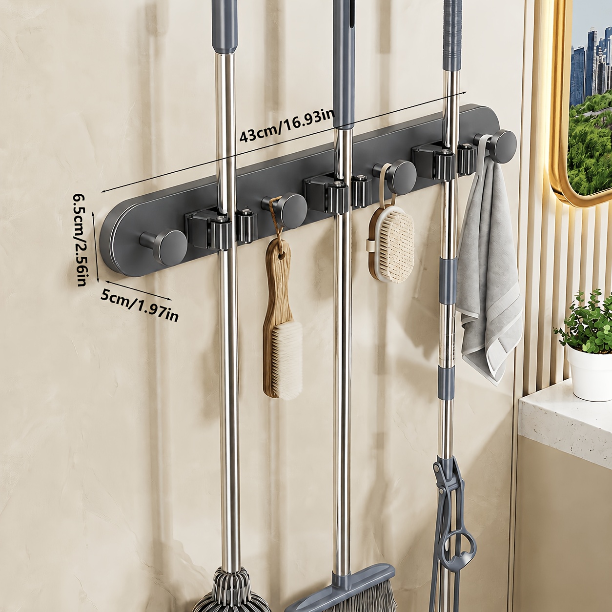 TEMU Portascopa e portaspazzola da parete con ventose, porta spazzola regolabile aggiornato, appendi e super antiscivolo, borsa porta attrezzi