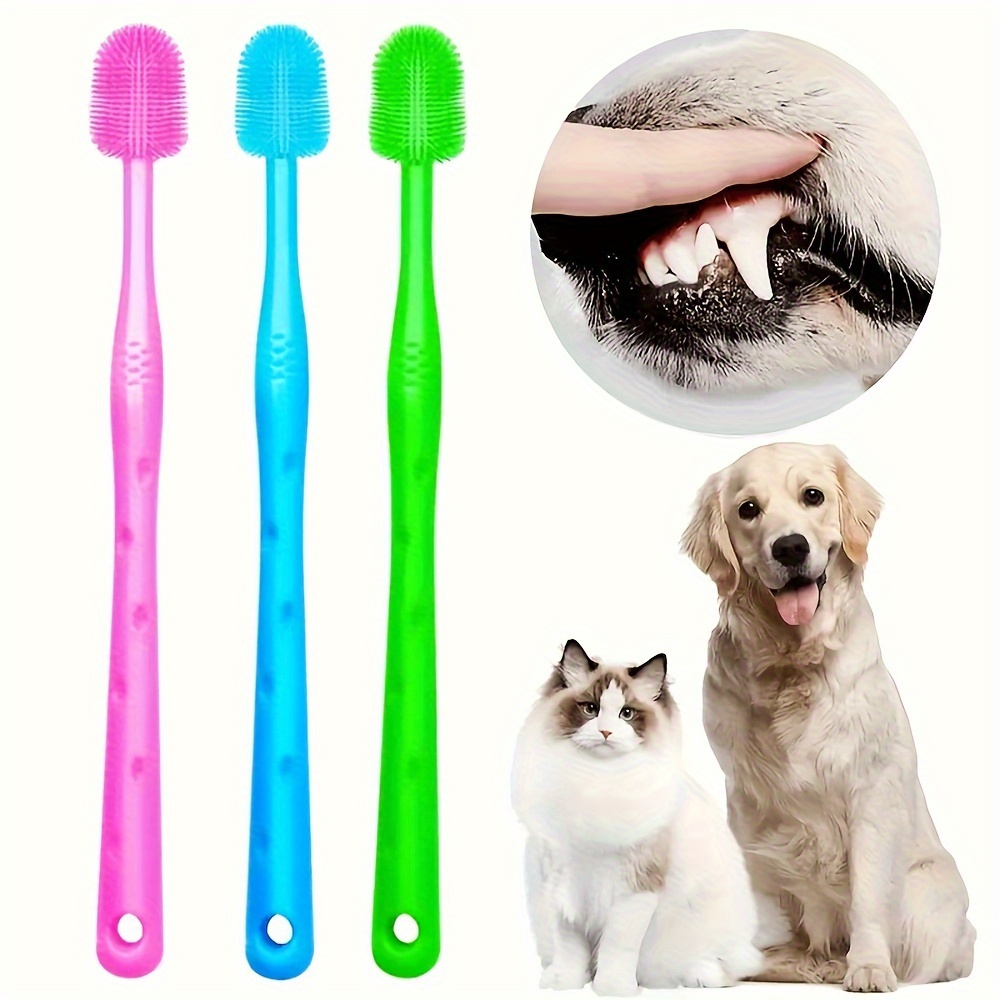 

3-pack Pet Toothbrushes, Soft Silicone, 360-degree Cleaning, Size For Dogs, Purple/green/blue, Non-electric, Pet Grooming Supplies