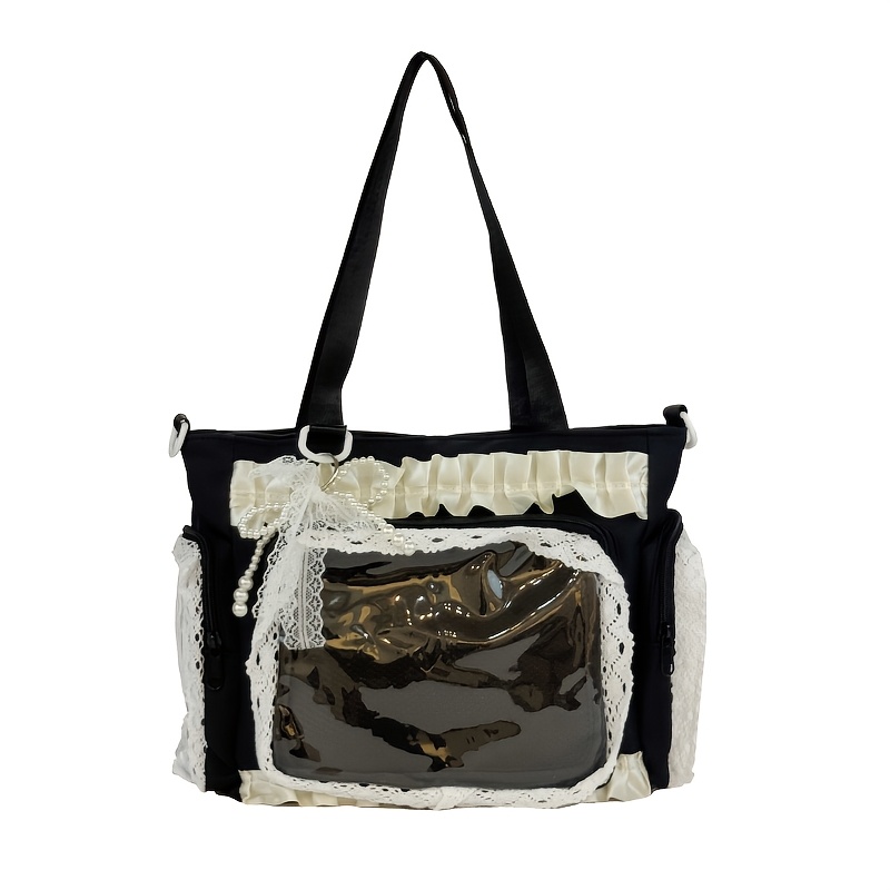 TEMU Kawaii Ita Bag With Clear Window, Japanese Nylon Lace Handbag, Anime Badge Display Shoulder Bag, Cute Pearl Decor Crossbody Bag With Adjustable