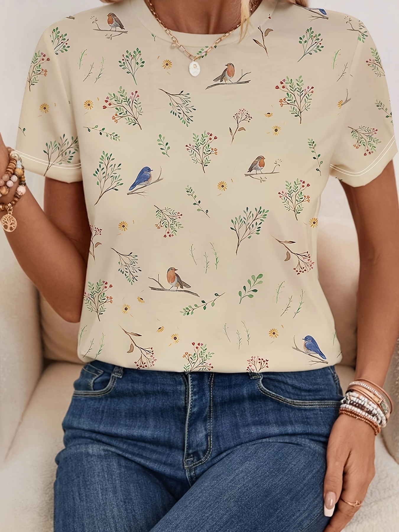 Women's Casual Short Sleeve T-Shirt Floral Bird Print, Lightweight  Summer Top, Machine Washable, Light Beige with Vibrant Colors, Ladies