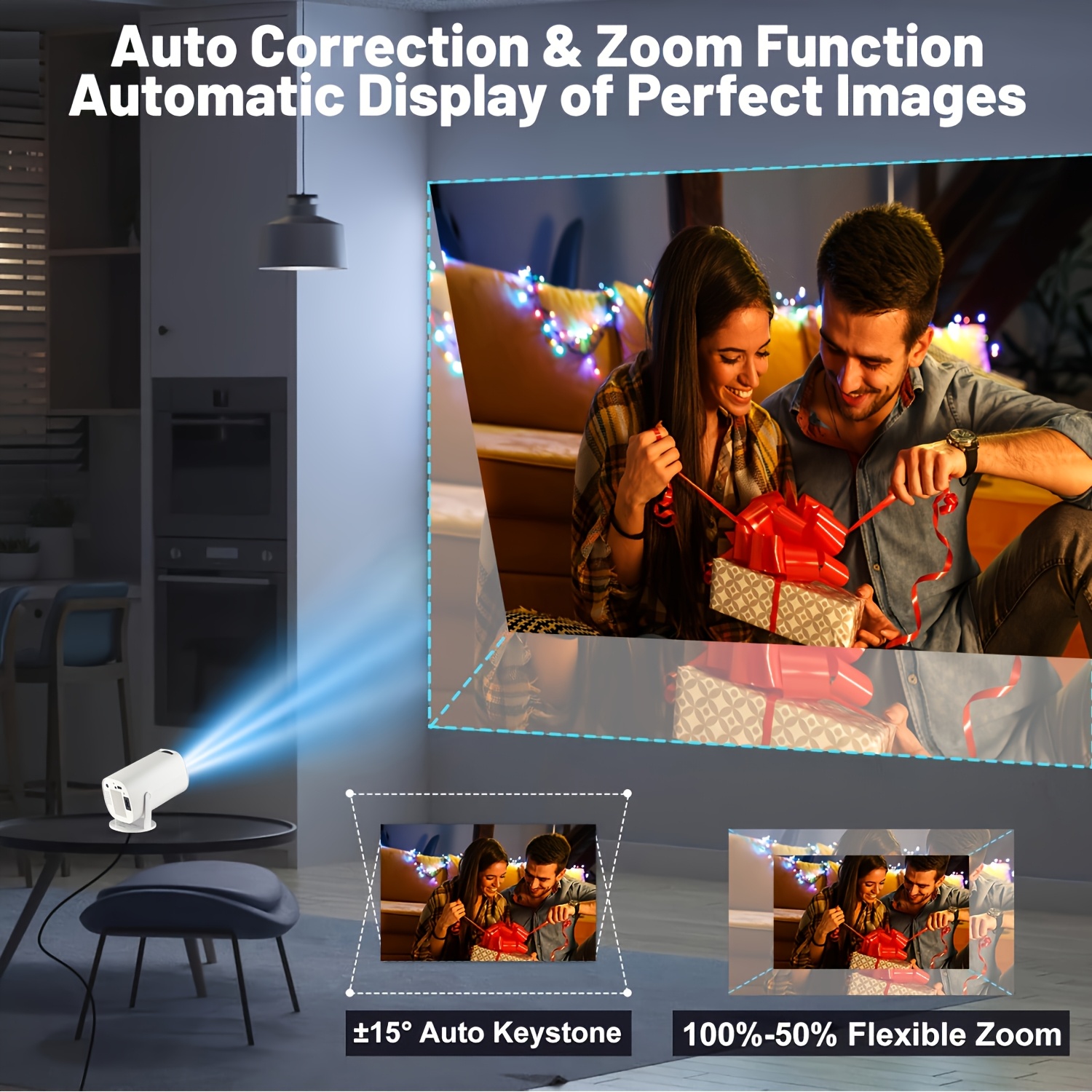 Projecteur intelligent sans fil | Prend en charge le décodage 4K, résolution locale 1280*720p, Android 11, angle de projection 180°, idéal pour le cinéma maison, les films sur le mur, la visualisation par téléphone ou la télévision