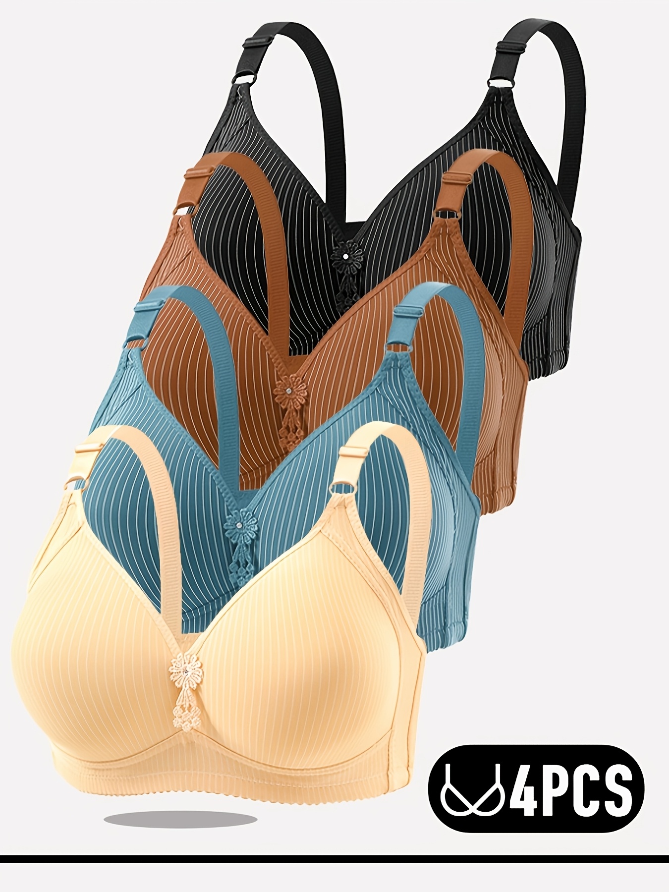 4-delige set plus size gestreepte en effen comfortabele bh's | Ademend, zonder beugel, elegante stijl met geometrisch patroon voor lente en zomer