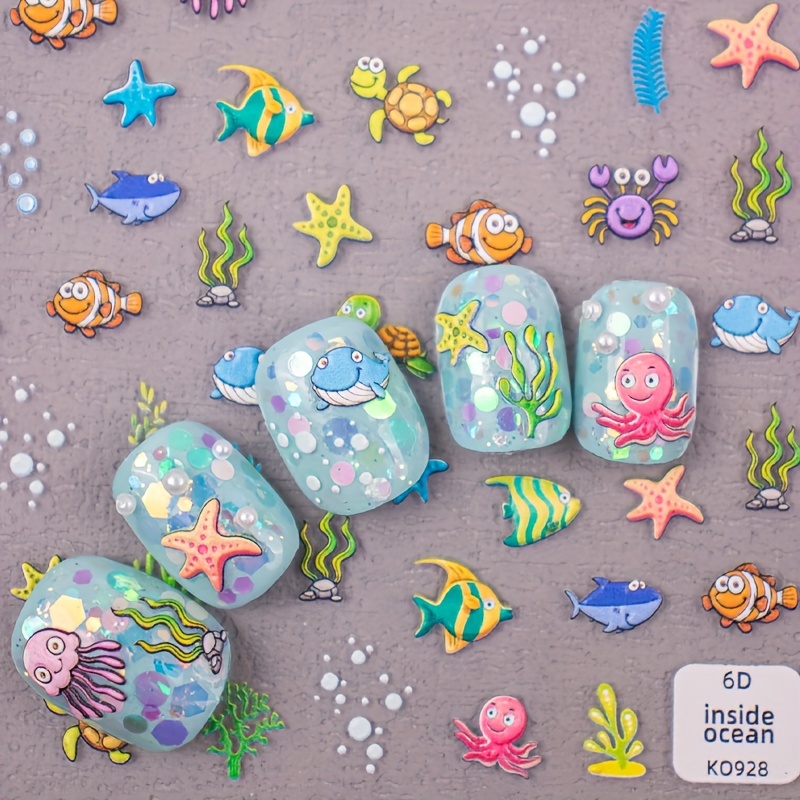Image of 1 Sheet Of 6d Embossed Nail Stickers - , Jellyfish, Crabs, Clownfish, Starfish, Seaweed, Coral, Turtles, Bubbles, Theme, Personal Nail Salon Special Nail Sticker Decoration