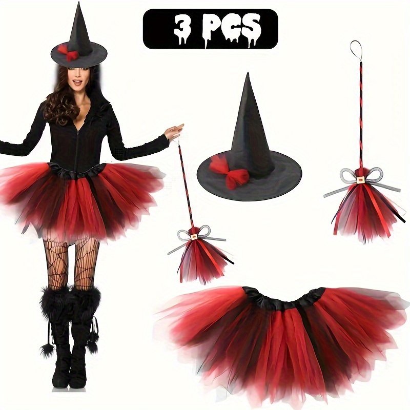 

Halloween Costume Set For Women - 3 Piece Polyester Party Outfit With Tulle Skirt, Hat & Magic Wand - Adult Novelty Cosplay Accessories For Celebrations