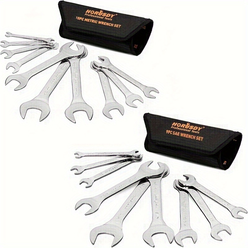 TEMU Horusdy 19-piece Super-thin Open End Wrench Set With Rolling Pouch, Steel Sae & Metric Spanner, 1/4" To 1-1/16" And 5.5mm To 27mm Slim Spanner