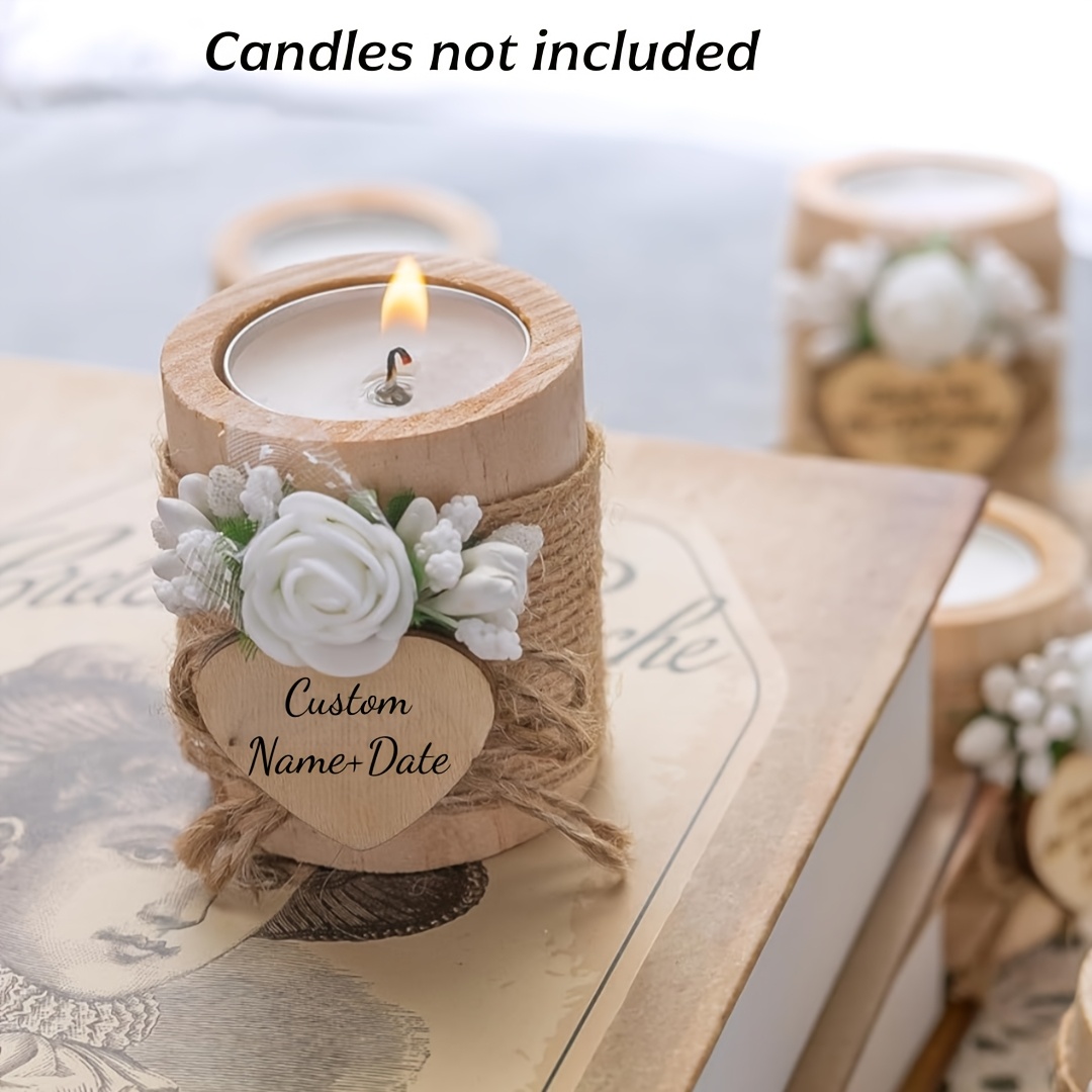 TEMU [Personnalisé] Bougeoir décoratif en bois de style rustique, décoration de bureau avec rose artificielle blanche et nœud en toile de jute, et
