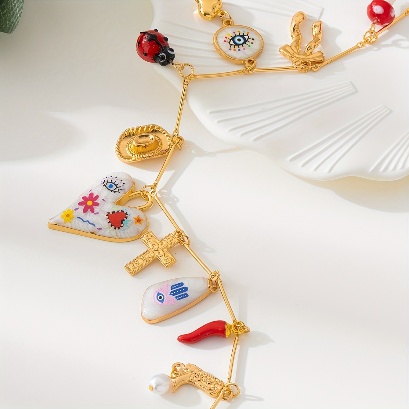 Sweet Funky Charm Necklace with Heart, Boot, Hat, and Eye Pendants