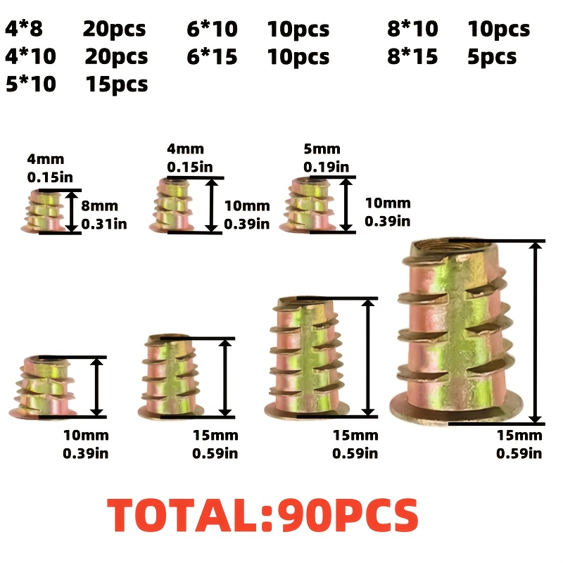 TEMU Ensemble de 90 écrous à insertion filetée en 7 tailles, conçus pour . Ce kit comprend des inserts filetés M4, M5, M6 et M8 adaptés au mobilier,