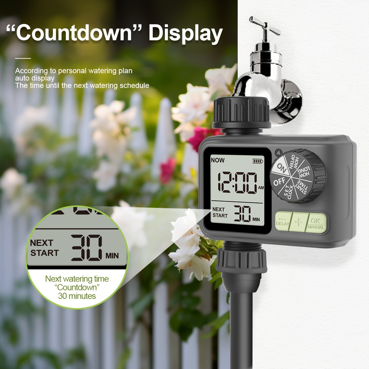 

Hct-m05 Hose Watering Timer With Countdown Display, Dual Mode Manual & Intelligent Irrigation, Outdoor Garden Lawn Greenhouse Watering Tool, Plastic With 3/4" Eu Standard Thread, Battery Operated