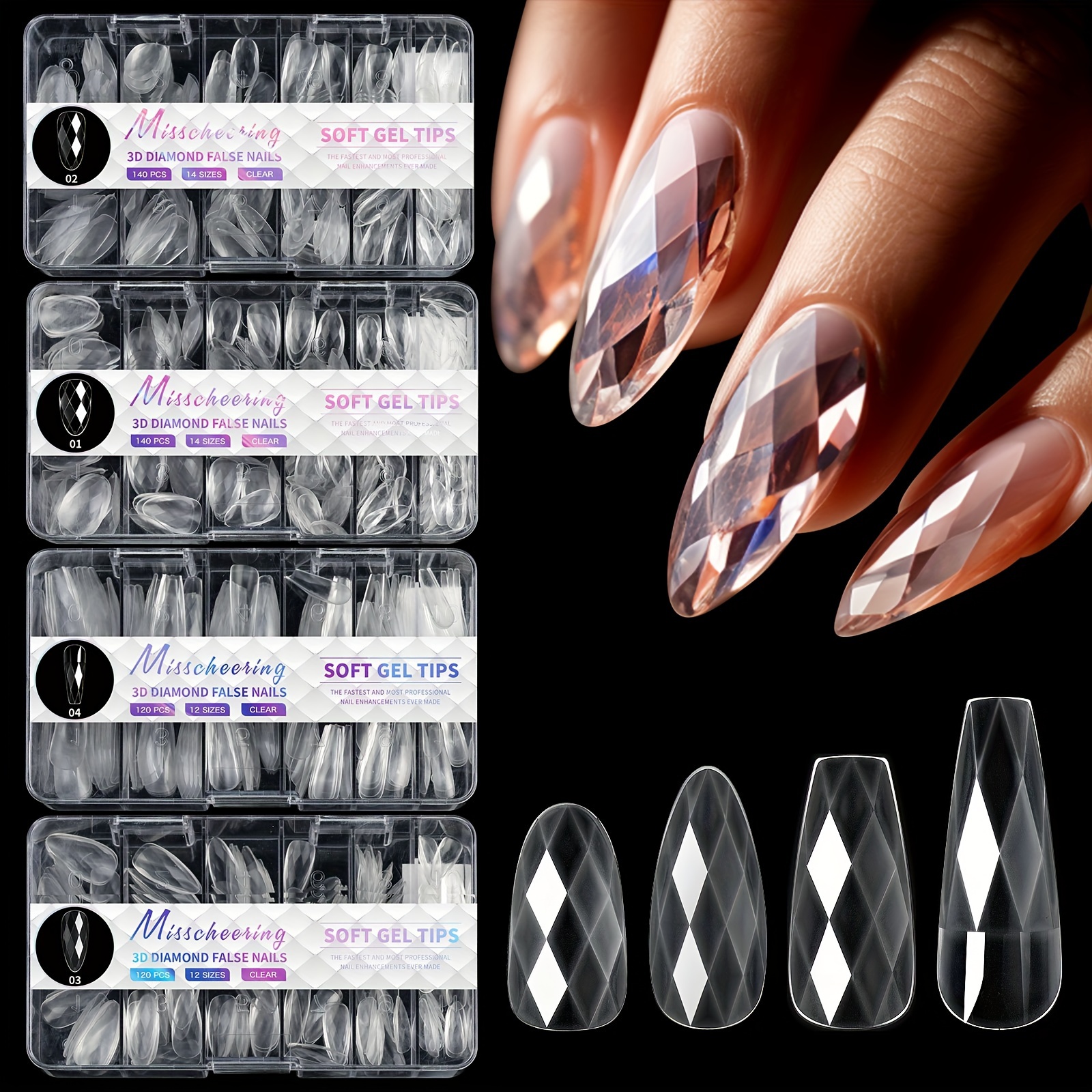 

Transparent Press-on Nails, 3d Diamond Shape, Almond Cut, Frosted Finish, Square Oval Design, Full Coverage Ballet Style Manicure