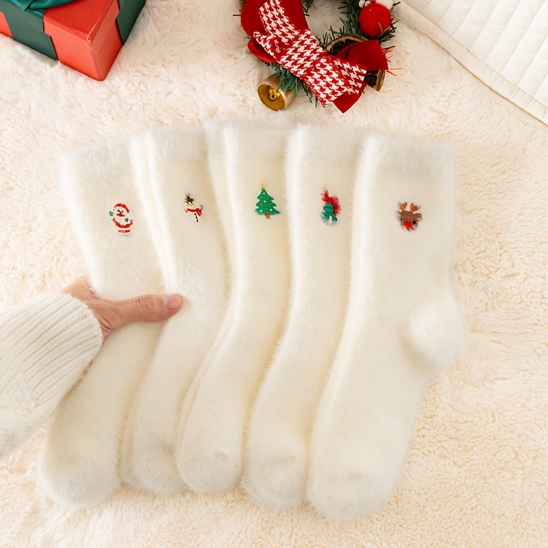 

Christmas Embroidered Fuzzy For - 5 Pairs Of Knit Mid- Stockings , -washable, Pile For