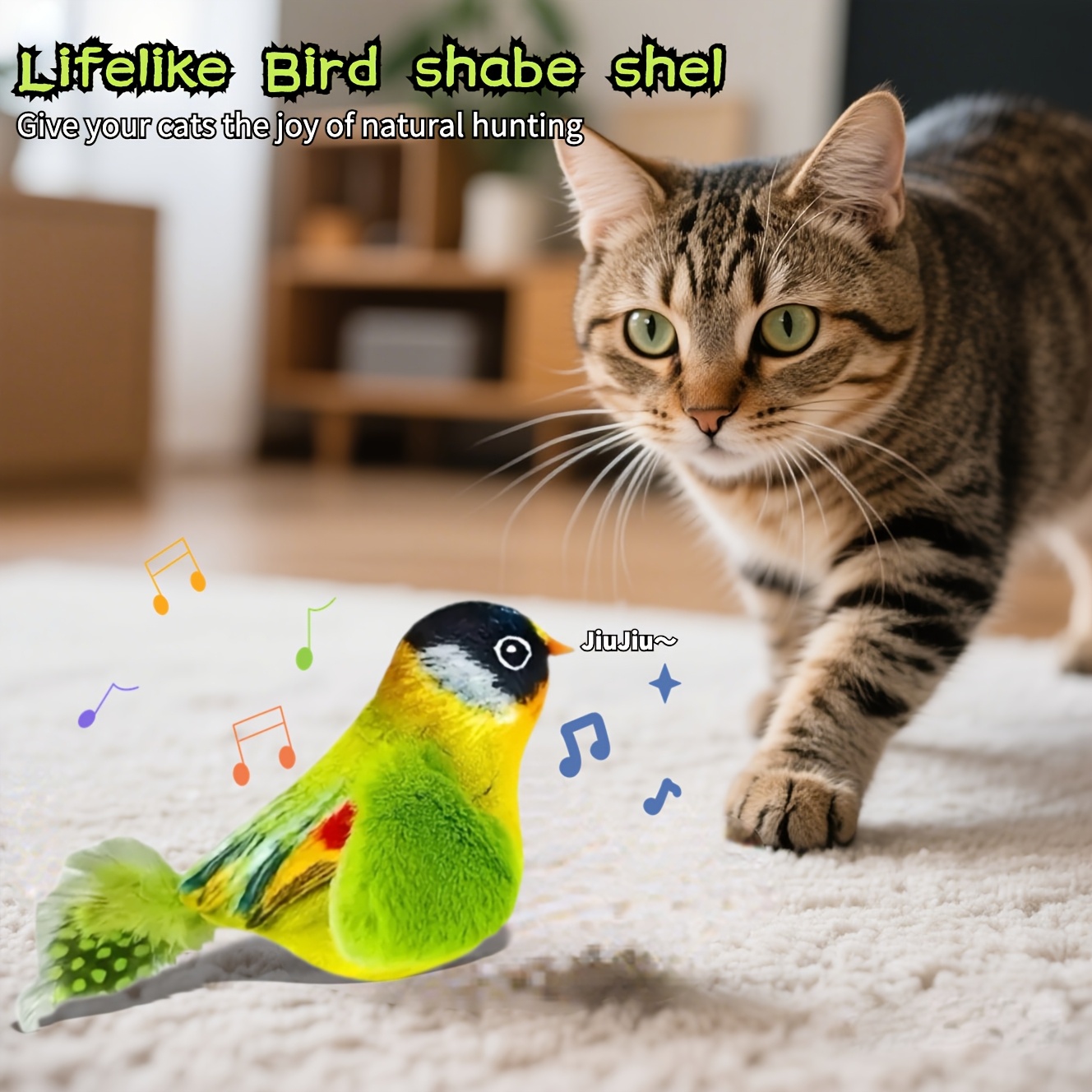 battery free bird shaped interactive cat toy with realistic chirping artificial feathers manual wind up motion chew proof plush body adjustable bungee cord for indoor hunting   for kittens all   no