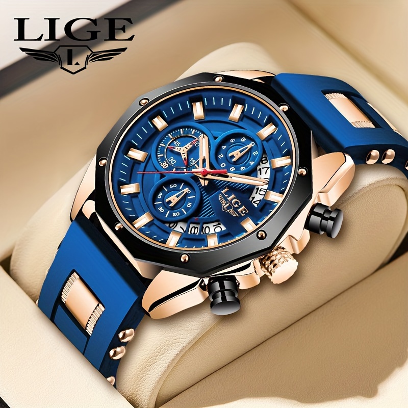 TEMU Lige Mens Watches Brand Luxury Silicone Strap Sport Quartz Watch Men Chronograph Clock Sports Watches. Suitable For Giving To Men.