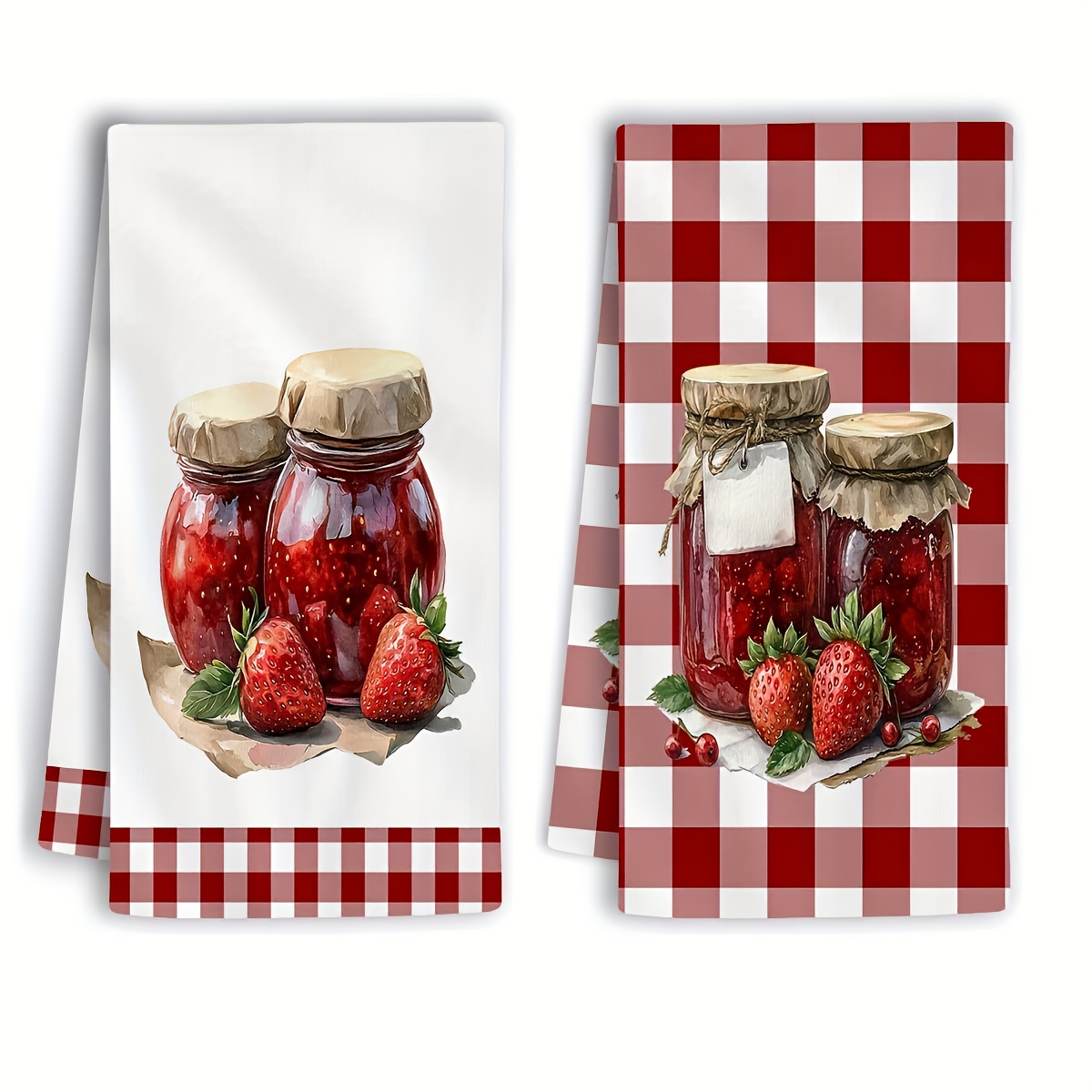 TEMU Ensemble de 2 torchons de cuisine à carreaux "Confiture de Fraises d'Été" - Décors de bouteille Mason de dessin animé avec un motif à carreaux