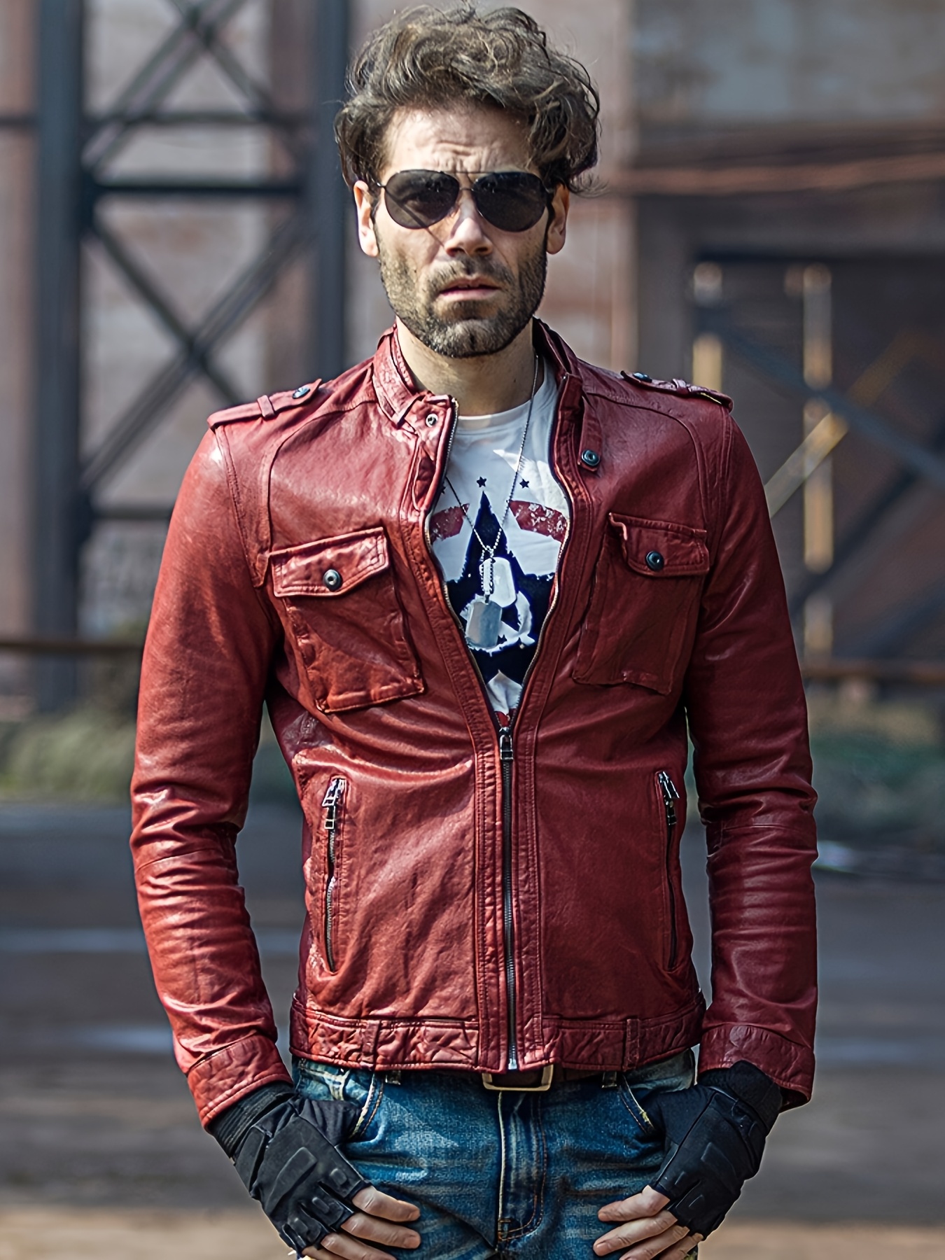 mens vintage distressed red sheepskin jacket retro Temu Australia