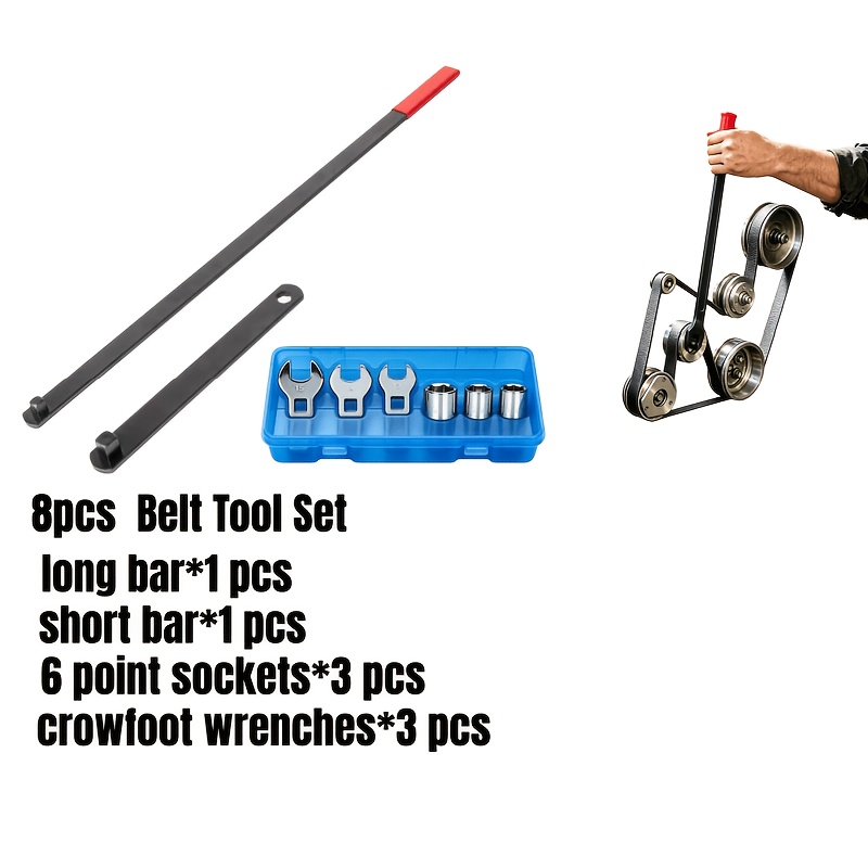 TEMU 8pcs Professional Automotive Belt Tool Set, 3/8-inch And 1/2-inch Universal Tensioner Wrench, Idler Adjustment Wrench, Suitable For Automotive