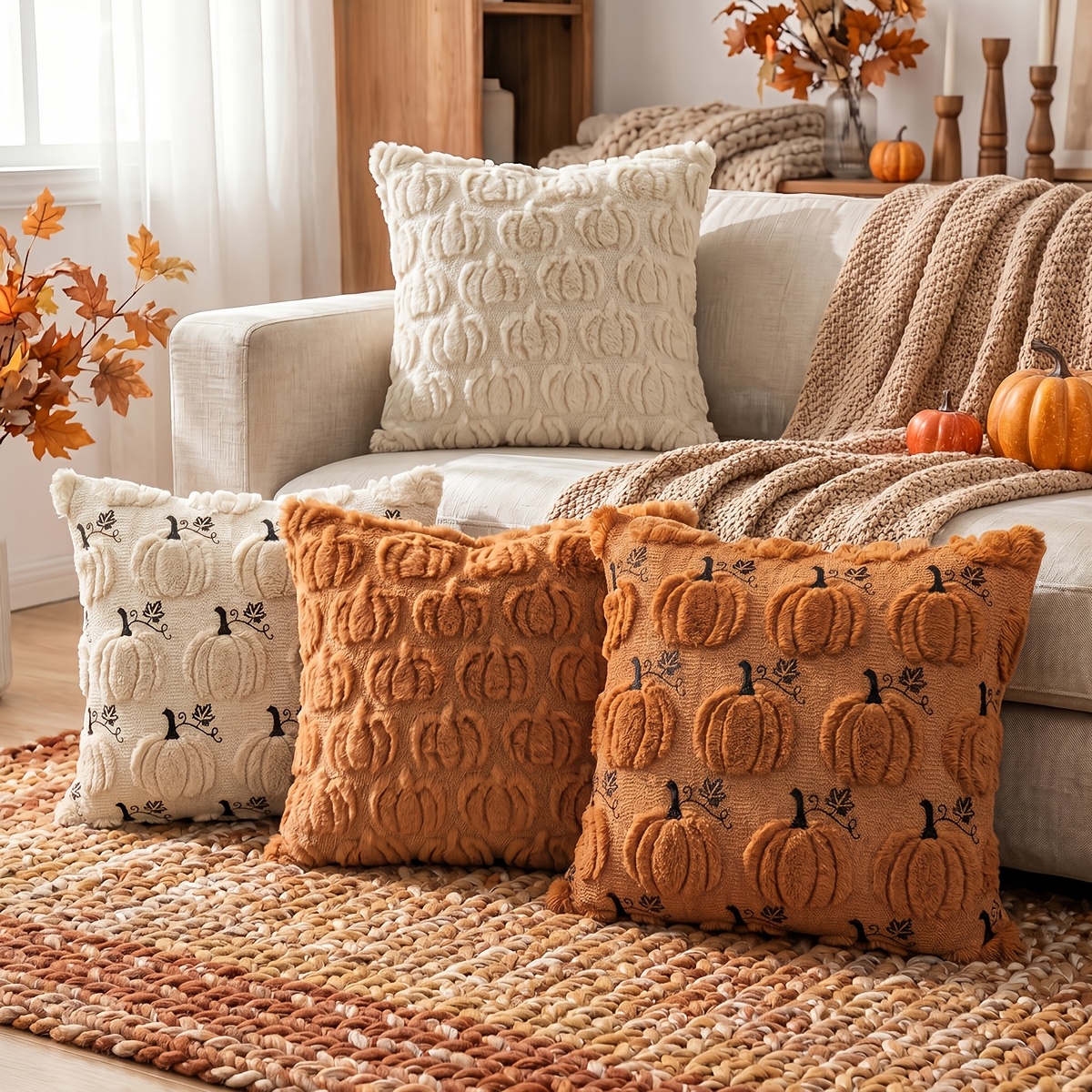 TEMU 4pcs Jhua Bohemian Fall Faux Fur Throw Pillow Covers Suitable For Couch Sofa Bed, 3d Jacquard Plush Pumpkin & Maple Cushion Cases With Zipper