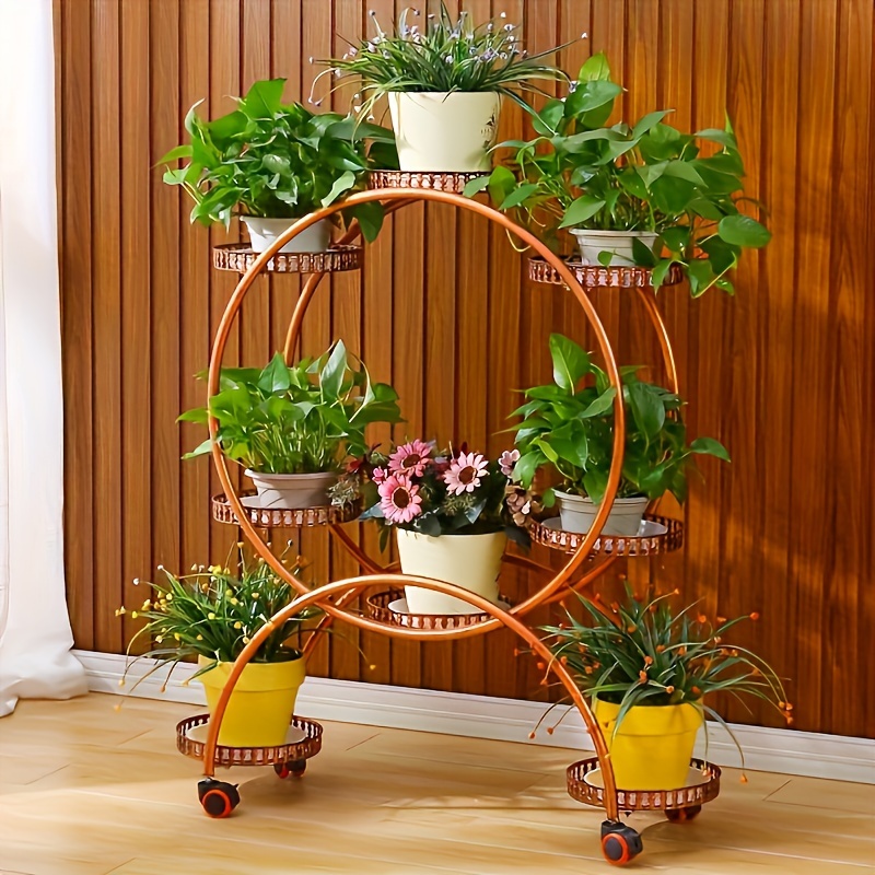 

A Piece Of Iron Art Flower Rack Indoor Shelves Multilayer With Wheels Floor Standing Green Flower Pots Rack Household Living Room Balcony Flower Racks