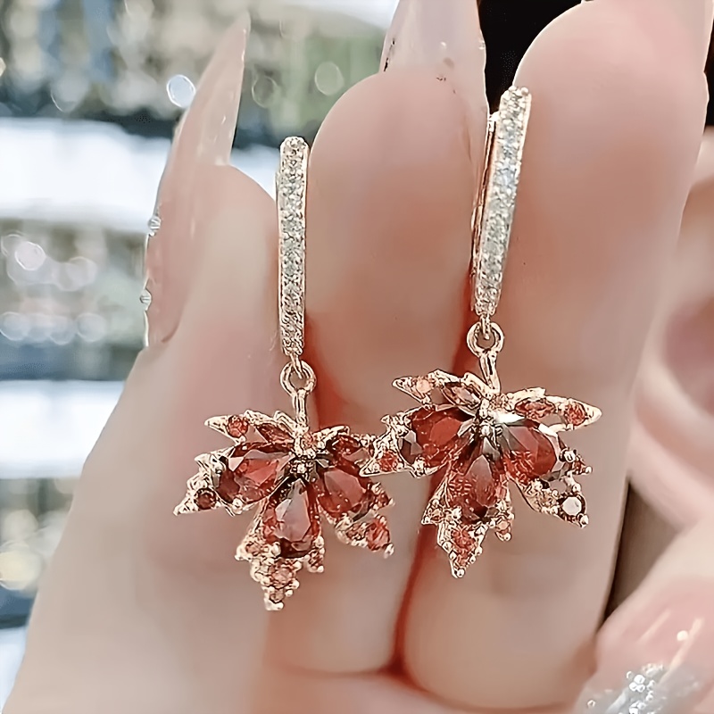 

Elegant Maple Leaf Rhinestone Drop & Dangle Earrings - Uv Plated Alloy, For And Valentine's Day Gift