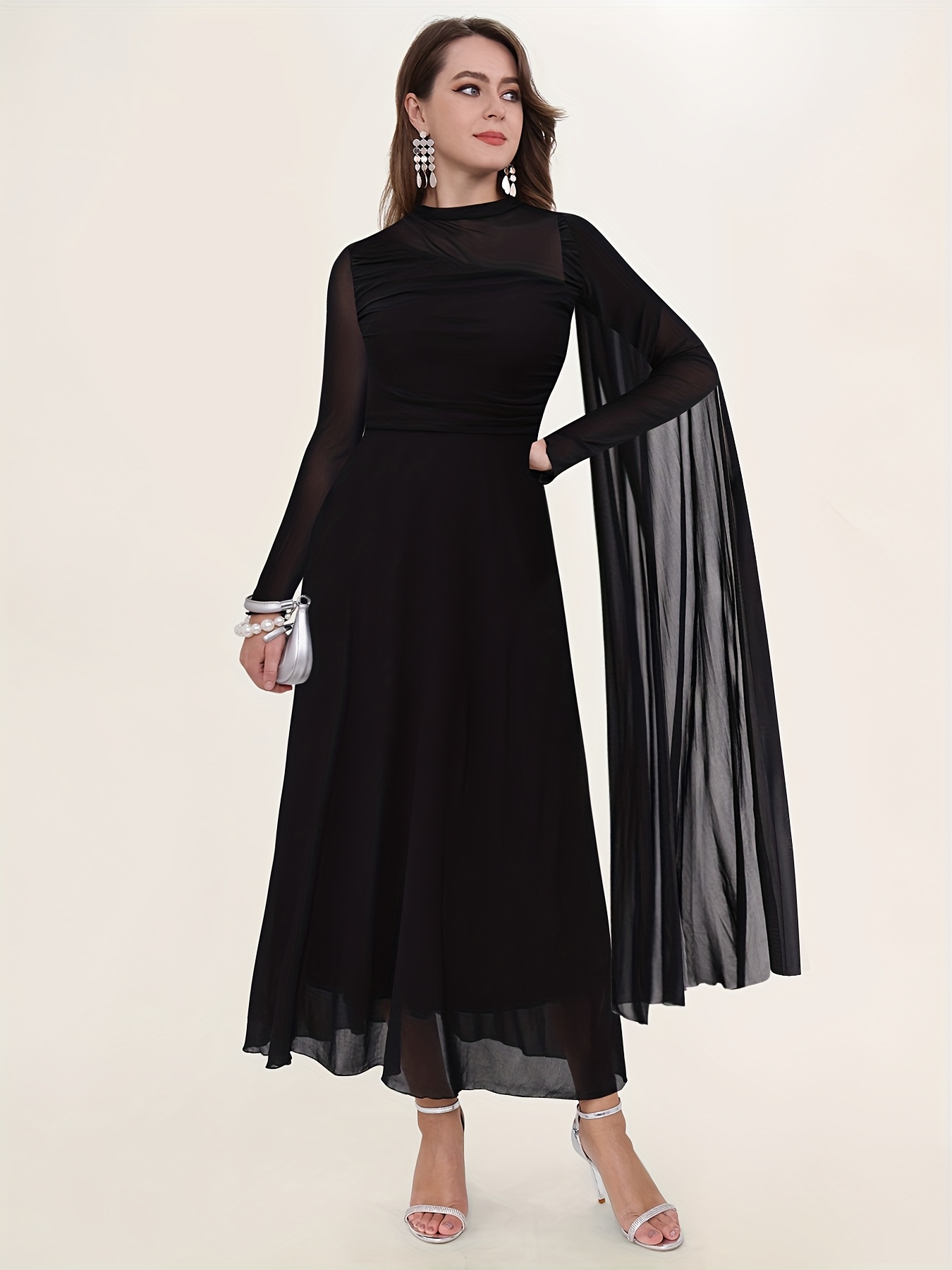 womens stylish long sleeve shoulder black dress sheer - Temu