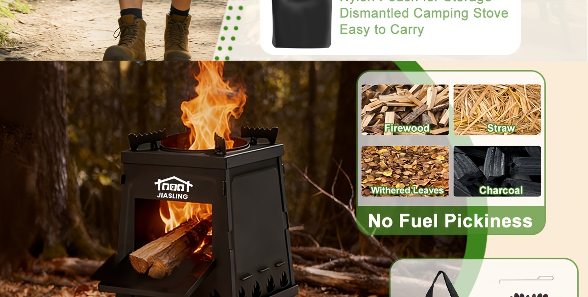 Portable Wood Stove for Outdoor Activities Like Hiking, Picnics, Bbqs, And Travel. A Black Portable Heater Designed for Camping And Outdoor Cooking