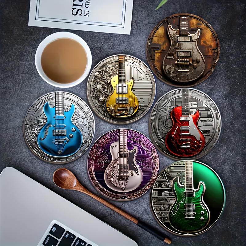 E-shop 6-teiliges Set Holz-Gitarren-Untersetzer – Hitzebeständig, rutschfest, ideal für Zuhause, Büro und als Themenparty-Geschenke
