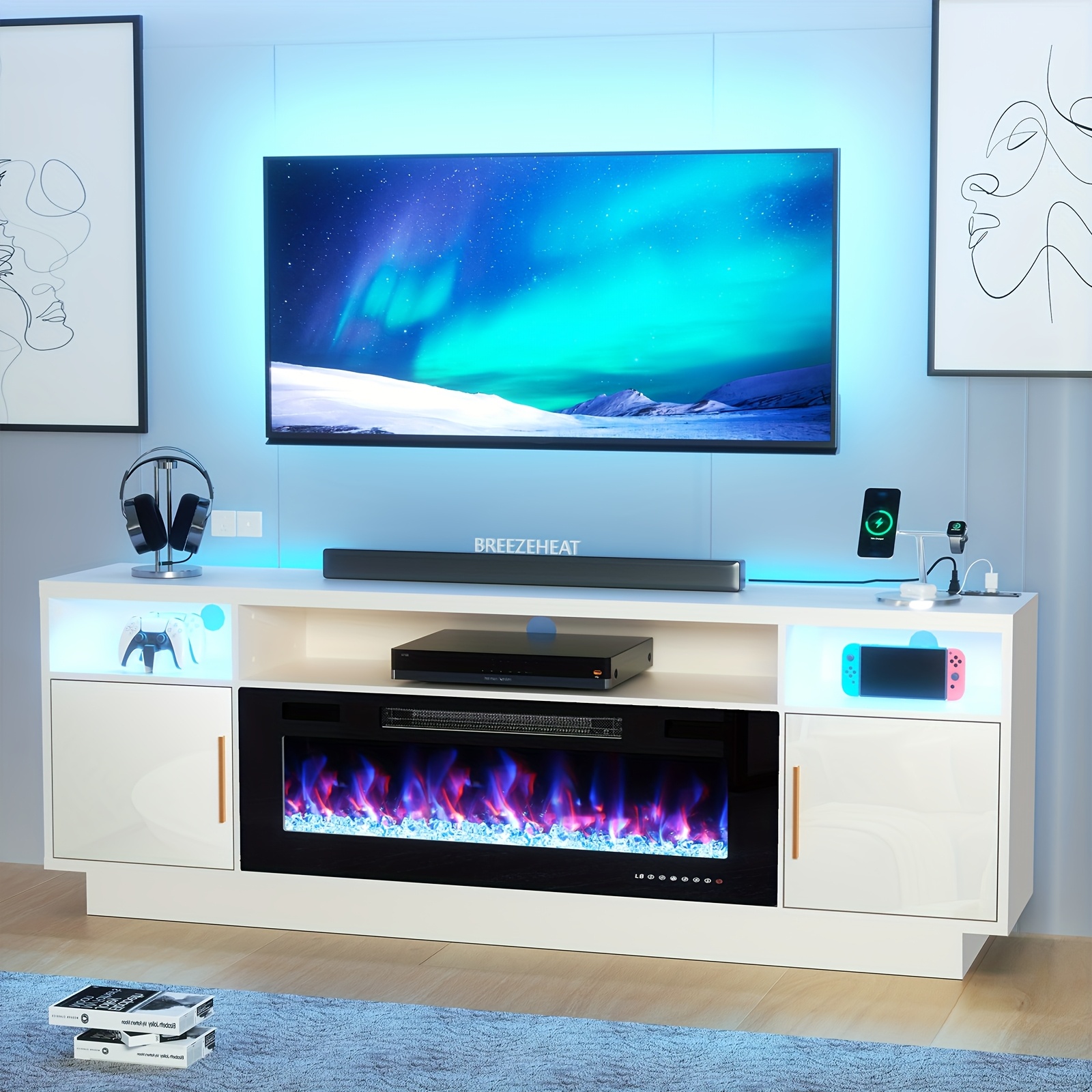 TEMU Meuble TV de cheminée 70" avec prise électrique pour téléviseurs jusqu'à 80", centre de de cheminée électrique avec lumières LED et tiroirs de