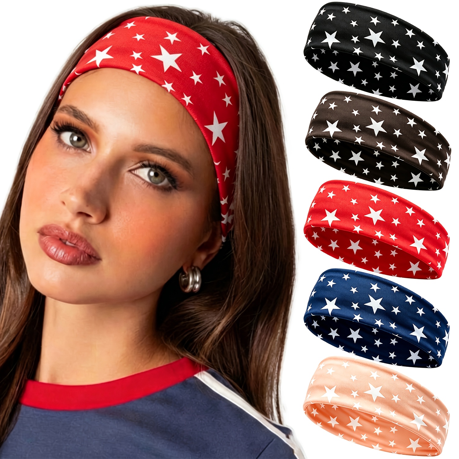 TEMU 5pcs Bohemian Style Women's Yoga Sports Headbands, Comfortable Non-slip Elastic Headbands, Women's Casual Fashion Pentagram Hair Accessories,