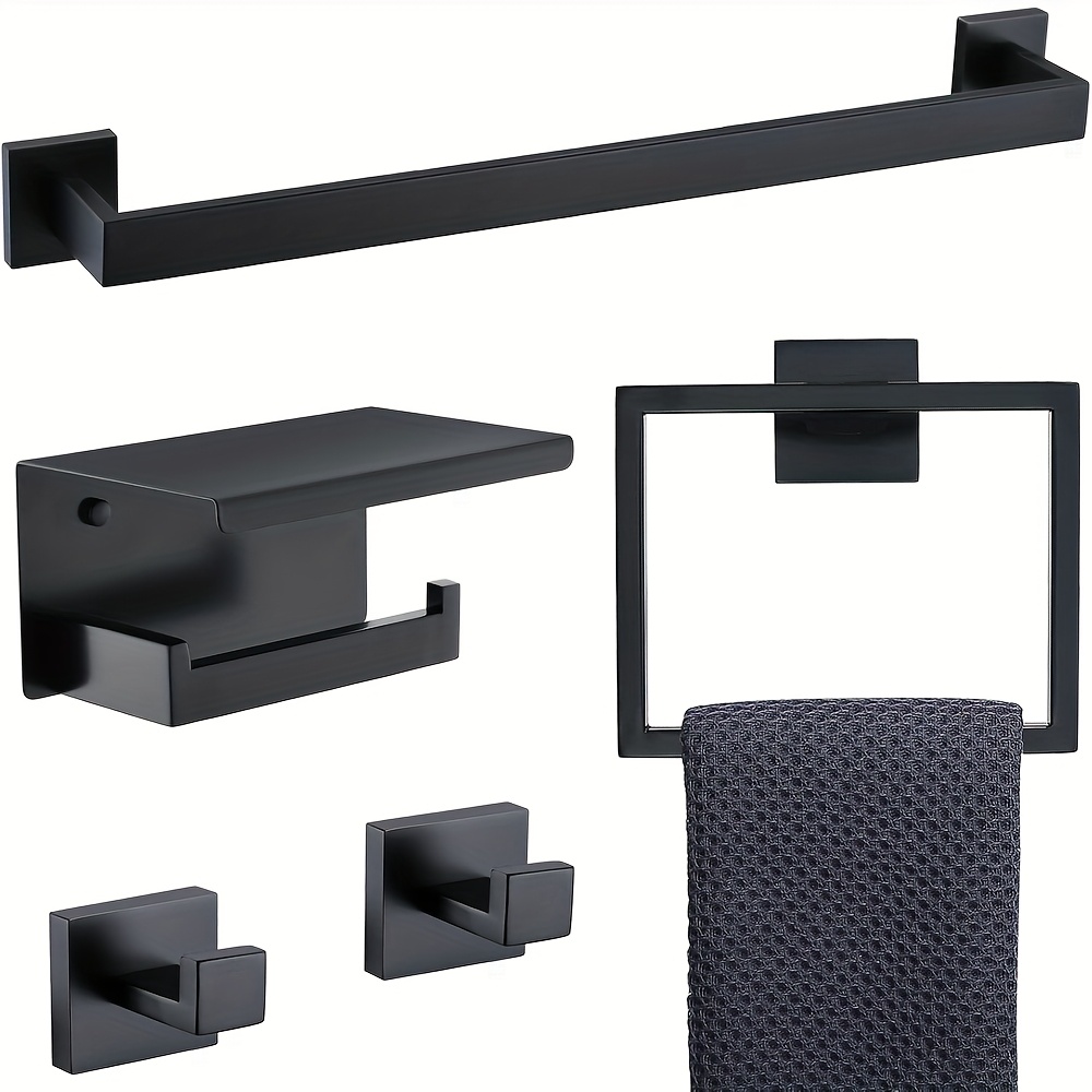 Premium 5-Piece Black Stainless Steel Bathroom Hardware Set - Towel Bar & Accessories