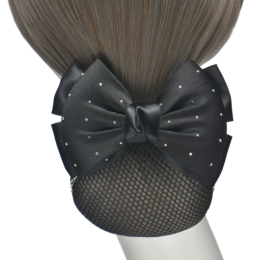 Image of 1pc Vintage Flower Hair Net With Milky Way Diamonds Elegant Bow Headpiece Bun Nurse Stewardess Bank Daily Work Hair Solid Color Hair Accessories