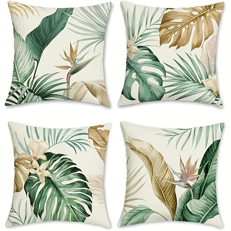 4pcs Tropical Leaf Double-sided Printed Pillow Covers, 45x45cm, Zipper Closure, Made Of Polyester Fabric, Modern Printed Pillow Covers Suitable For Living Room Sofa And Home Decor