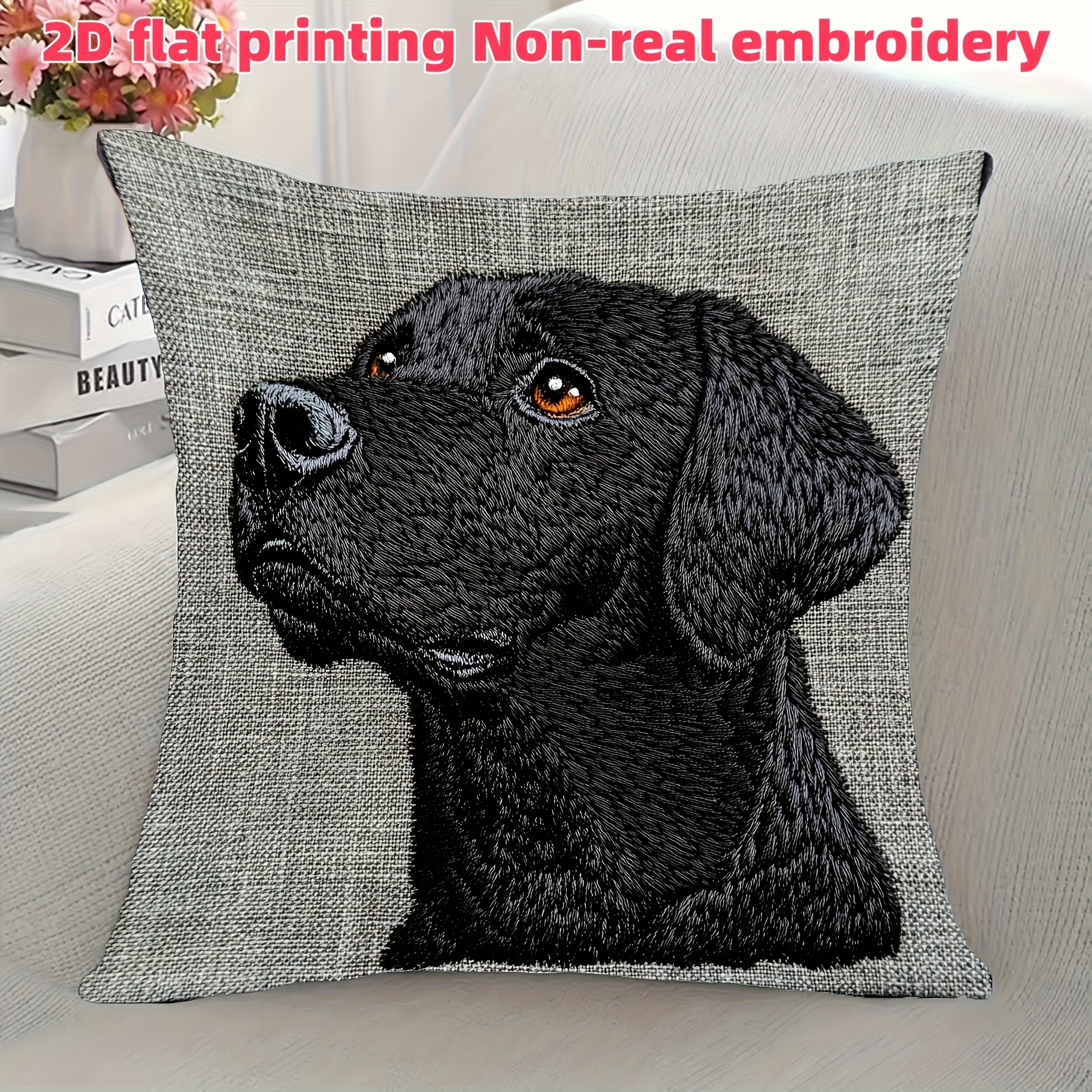 TEMU 1pc 2d Flat Printing Modern Dog Decorative Pillowcase, Non-real Embroidery, 18x18 Inches, Short Plush, Machine Washable, Zipper Closure, For