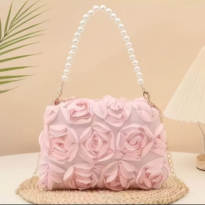 [Women's Evening Handbag] A Stylish New Women's Evening Handbag Featuring an Elegant Rose Flower Design. It Comes with a Metal Chain That Allows for Shoulder Or Hand Carrying, Making It Versatile for Shopping, Casual Outings, And Evening Events