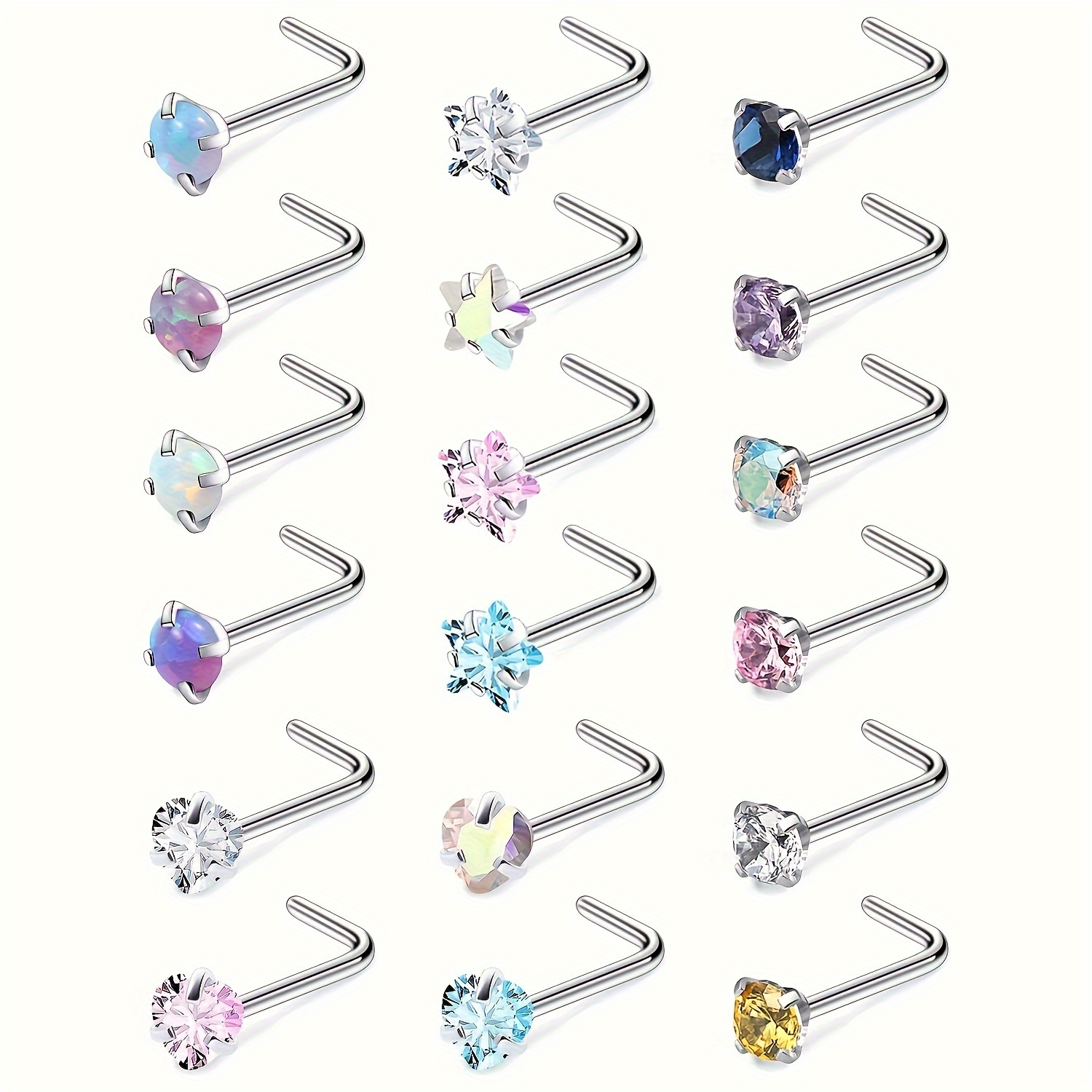 

18-pack Stainless Steel Nose Studs Set, Inlay With Bling Multi-color Zirconia Elegant & Sexy Style, Body Delicate Accessory For Matching Outfits