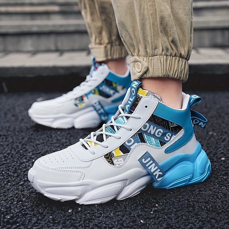 Zapatillas casuales de caña alta para hombre con patrón aleatorio, ajuste universal, cierre de cordones, uso para todas las estaciones, punta redonda, suela de PVC, plantilla de tela y parte superior de imitación.