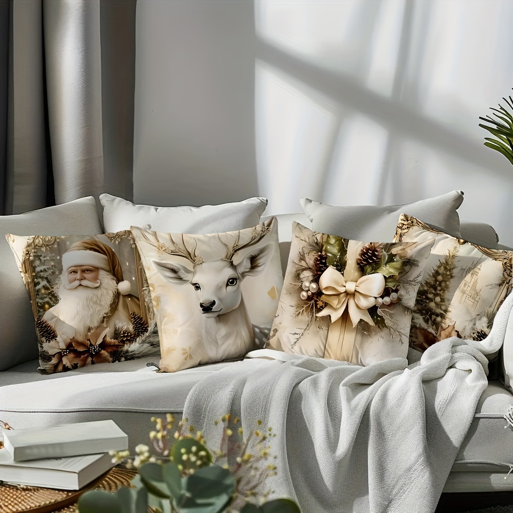 

Set Of 4 Contemporary Throw Cushion Covers With Christmas Reindeer And Festive Decor Prints, Machine Washable, Zippered Polyester Covers For Bedroom And Living Room Couch - 100% Polyester Woven Fabric