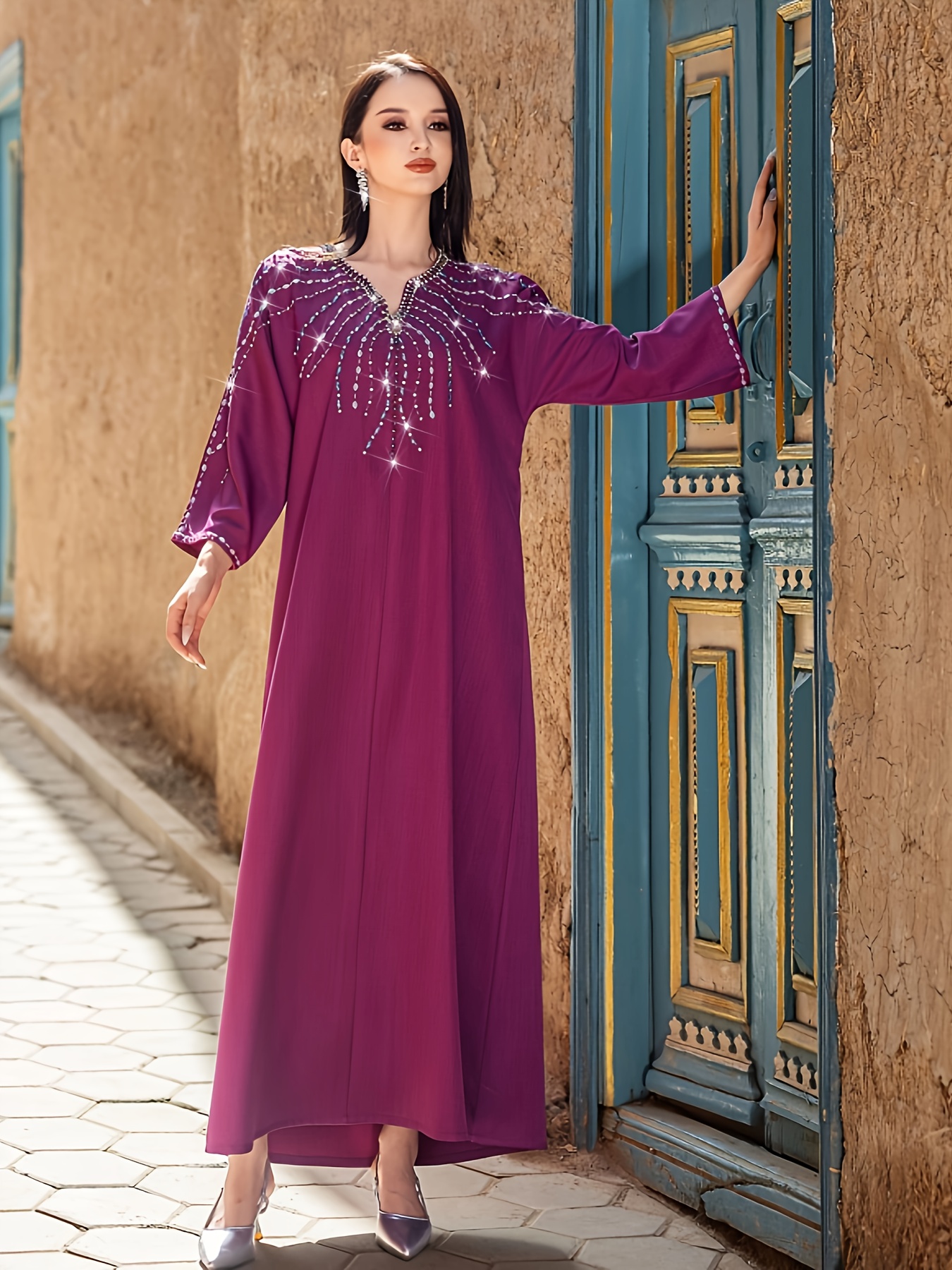 1pc elegante abaya mujer cuello largas piedras Temu Mexico