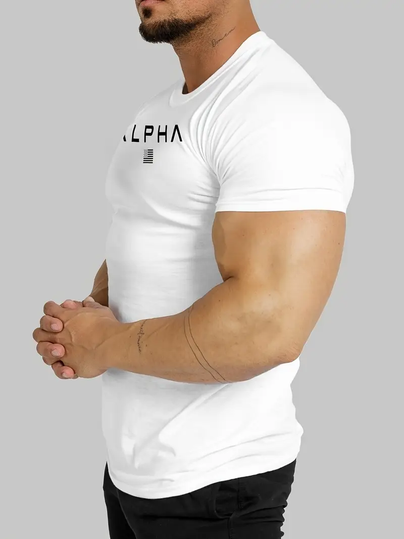mens athletic crew neck t shirt quick dry polyester knit fabric short sleeve alphabet print skinny fit casual sports top for spring summer polyester 180gsm details 11