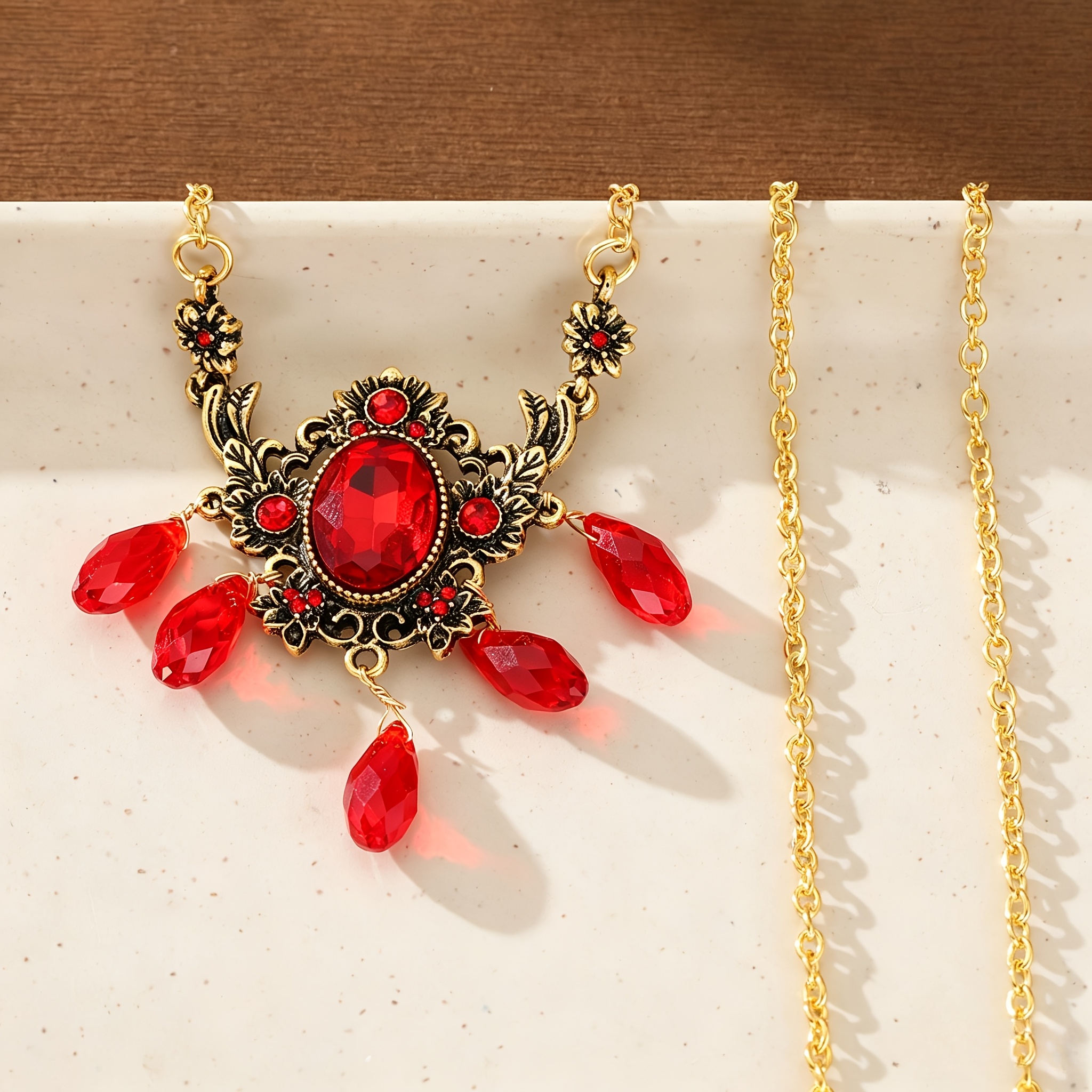 TEMU Women' Gothic Vintage Plated Hollow-out Floral Necklace With Red Synthetic Synthetic Zirconia Pendant - Multi-teardrop Suitable For Parties,