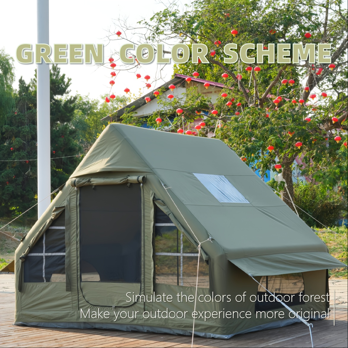 green 6 person outdoor camping inflatable tent house like design with inverted   waterproof oxford cloth pvc   zipper closure solid color rectangle     for picnic bbq family travel holiday   details 0