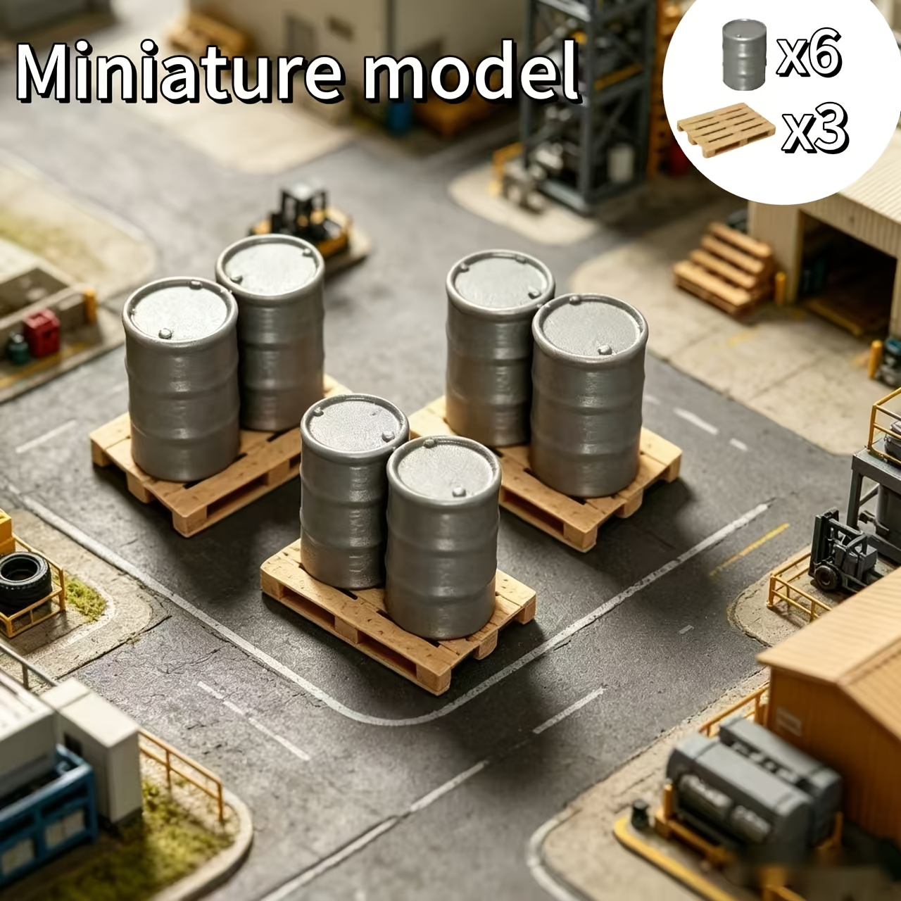 TEMU 9pcs Set Of Miniature Simulation Oil Drum Pallet Models, Including 6pcs Simulated Oil Drums And 3pcs Pallet Models, Compatible With Ho Scale